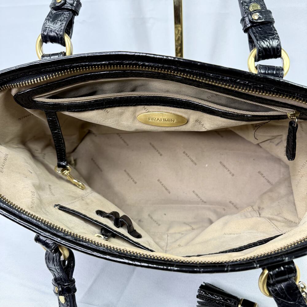 Brahmin Black Croc Embossed Leather Tote Bag Gold Tassel Shoulder Purse - Picture 15 of 16